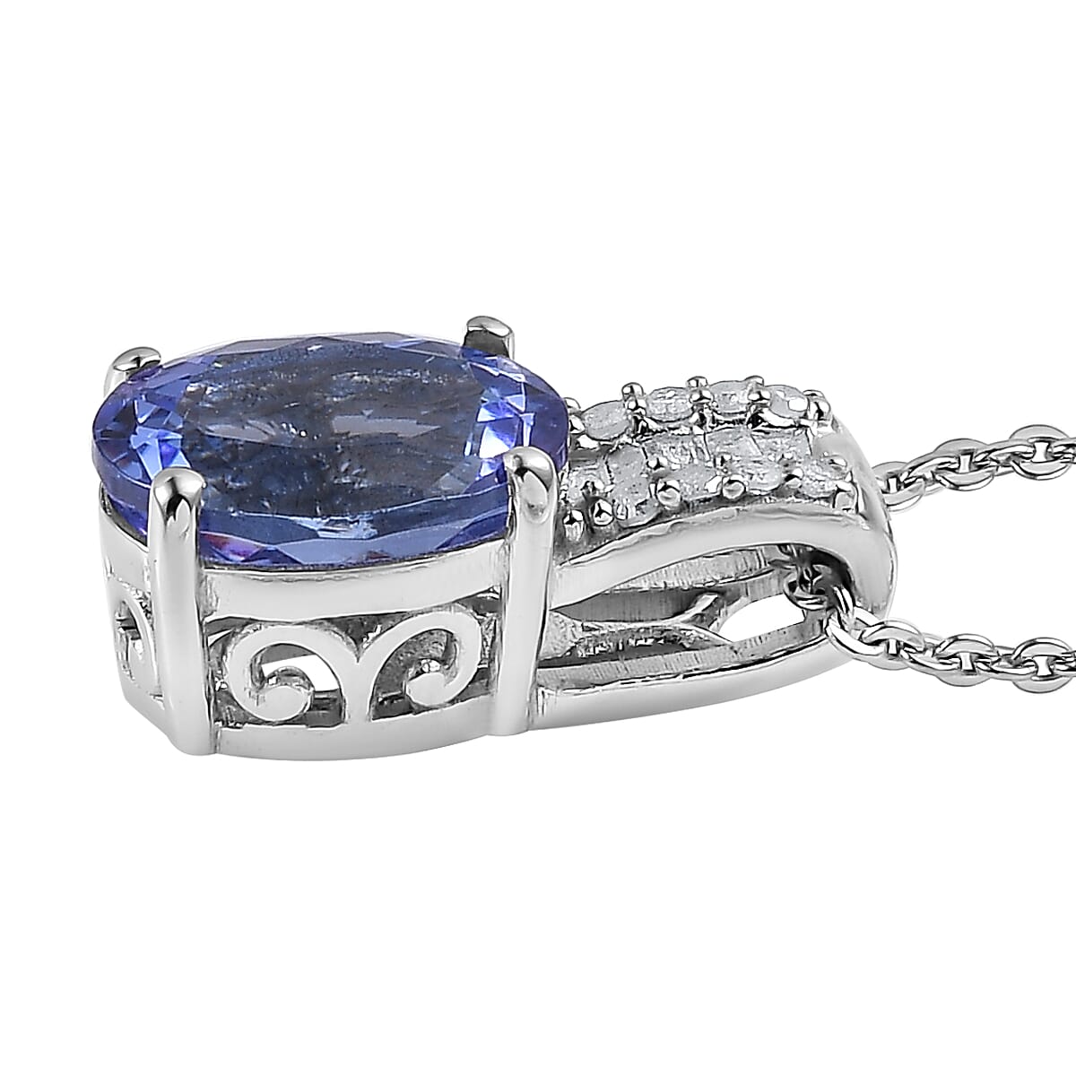 Tanzanite and Diamond Pendant Necklace 20 Inches in Platinum Over Sterling Silver 1.85 ctw image number 3