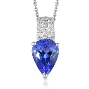 Tanzanite and Diamond Pendant Necklace 20 Inches in Platinum Over Sterling Silver 1.85 ctw