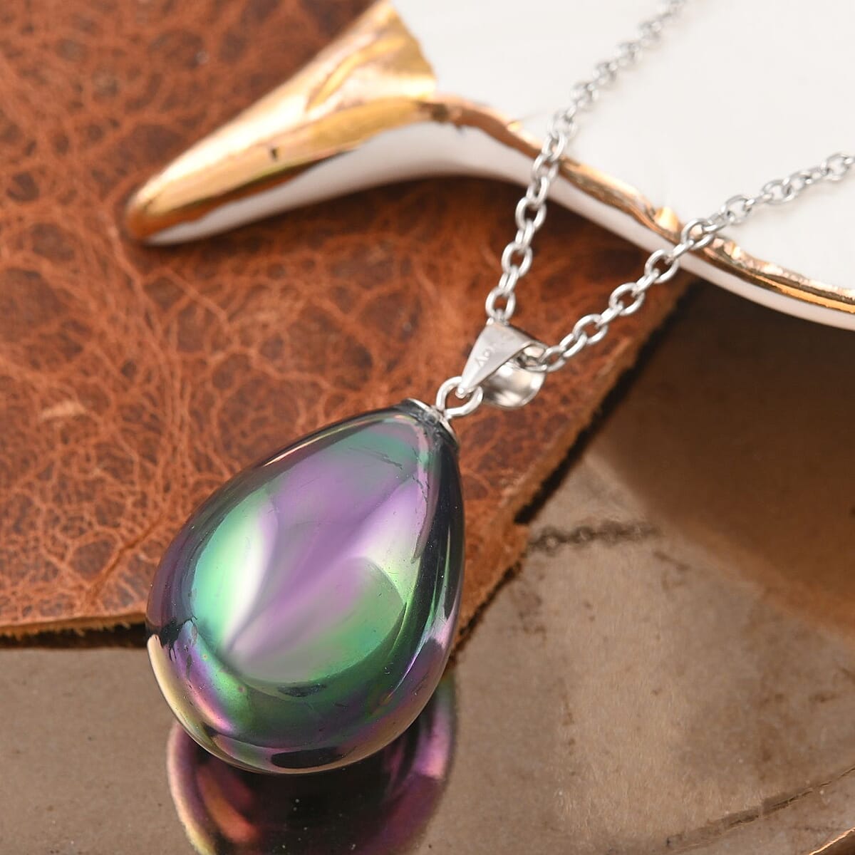 Peacock Color Shell Pearl Pendant Necklace 20 Inches in Rhodium Over Sterling Silver & Stainless Steel image number 1