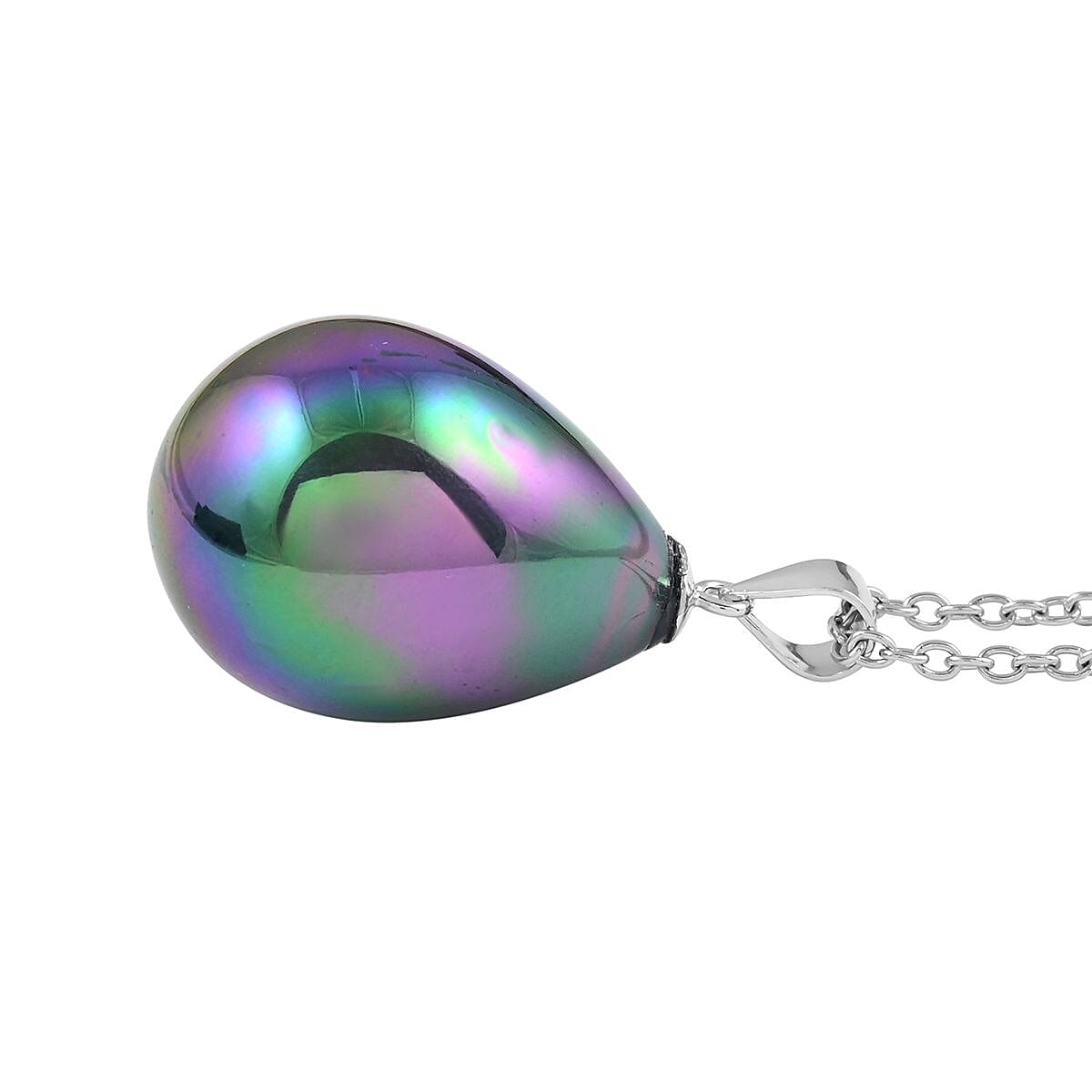 Peacock Color Shell Pearl Pendant Necklace 20 Inches in Rhodium Over Sterling Silver & Stainless Steel image number 3