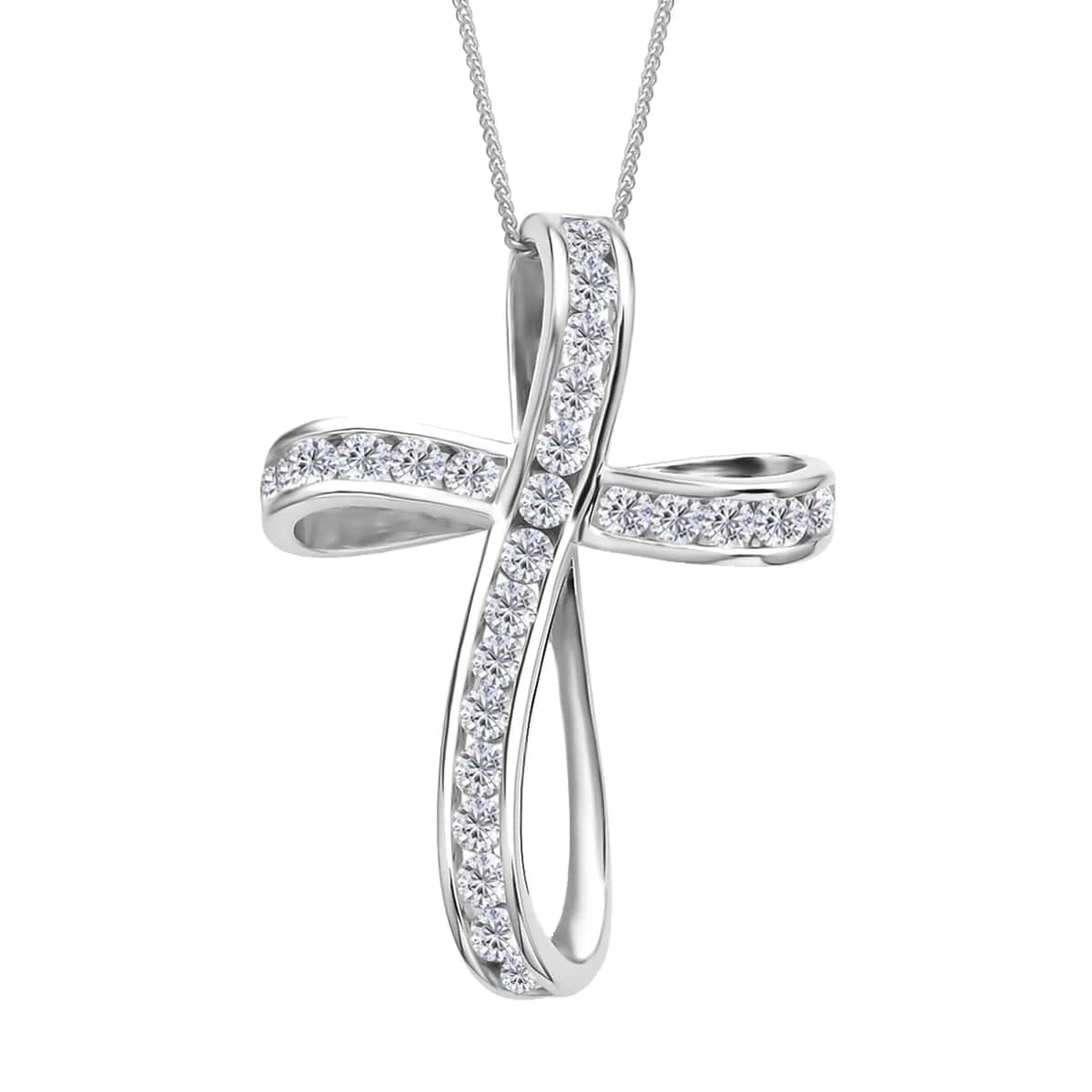 Moissanite Cross Pendant Necklace in Rhodium Over Sterling Silver, Moissanite Pendant , Twisted Cross Pendant, Sterling Silver Necklace 18 Inches 1.50 ctw image number 0