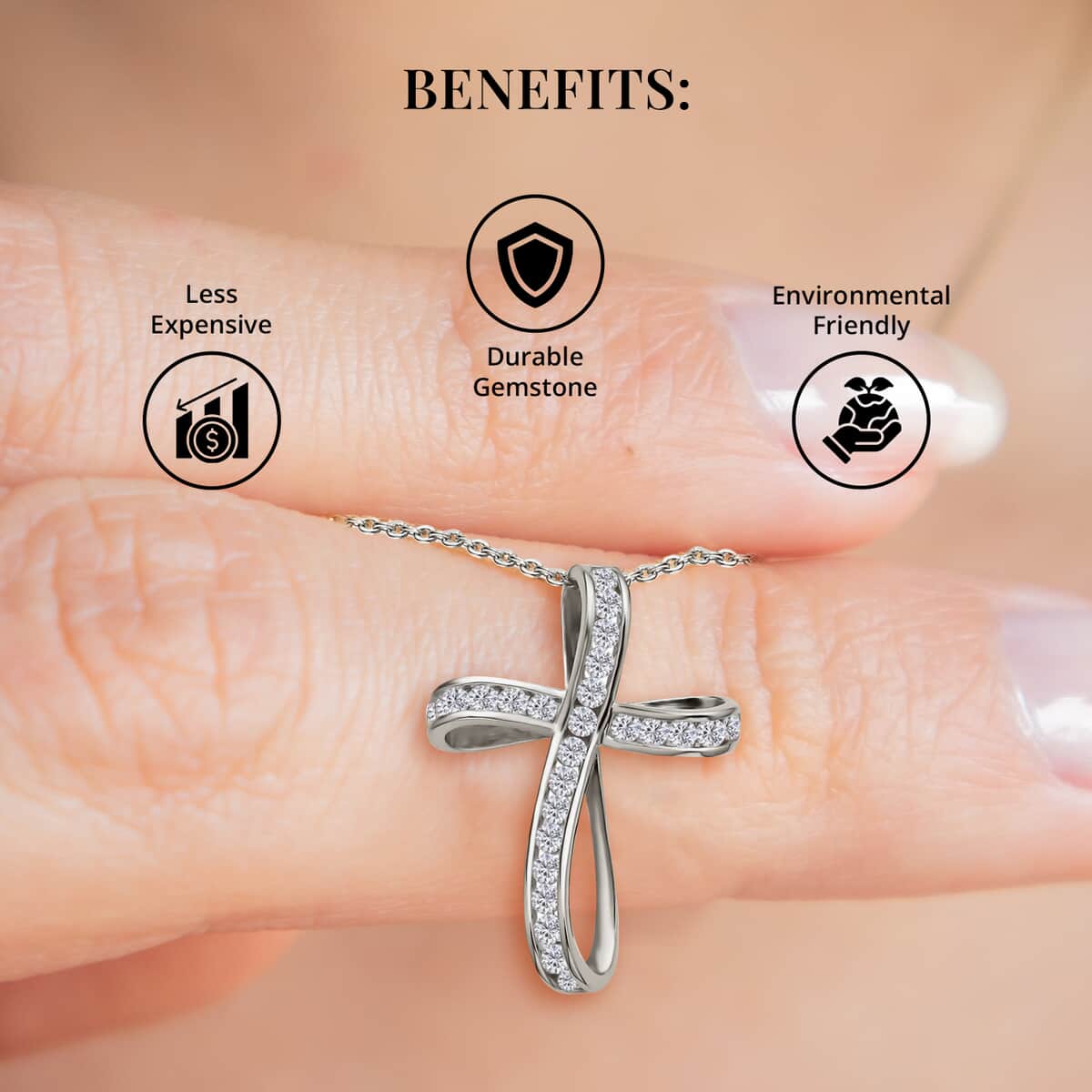 Moissanite Cross Pendant Necklace in Rhodium Over Sterling Silver, Moissanite Pendant , Twisted Cross Pendant, Sterling Silver Necklace 18 Inches 1.50 ctw image number 3