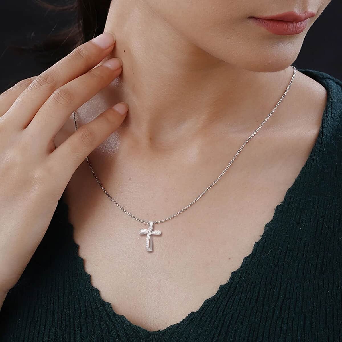 Moissanite Cross Pendant Necklace in Rhodium Over Sterling Silver, Moissanite Pendant , Twisted Cross Pendant, Sterling Silver Necklace 18 Inches 1.50 ctw image number 4