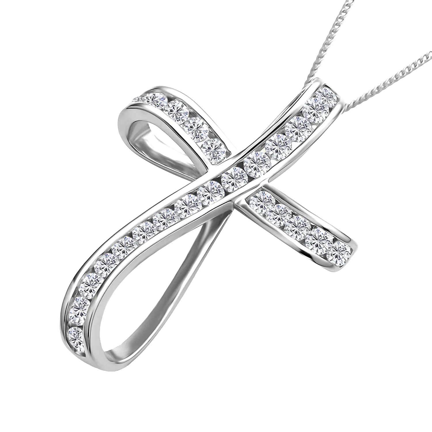 Moissanite Cross Pendant Necklace in Rhodium Over Sterling Silver, Moissanite Pendant , Twisted Cross Pendant, Sterling Silver Necklace 18 Inches 1.50 ctw