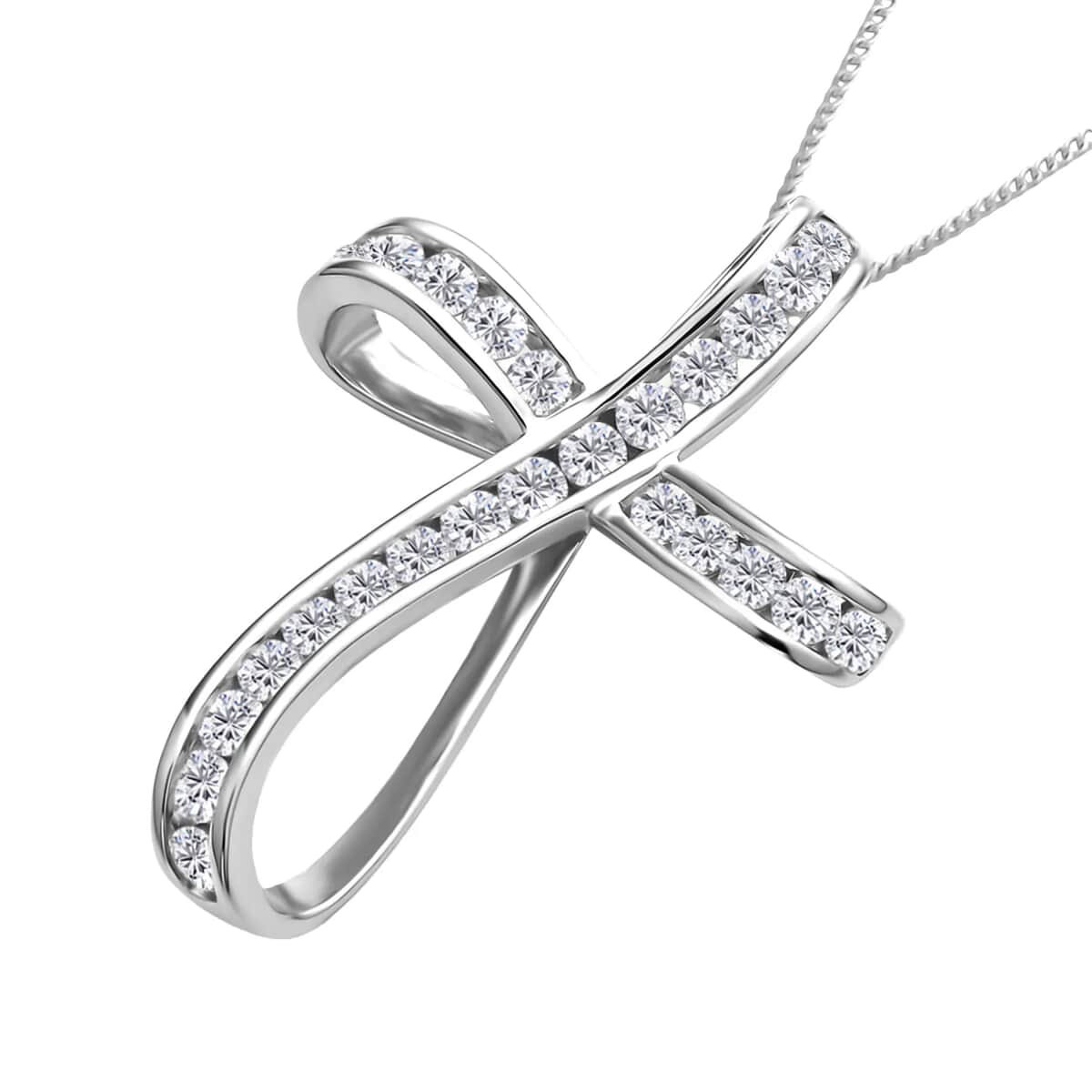 Moissanite Cross Pendant Necklace (18 Inches) in Rhodium Over Sterling Silver 1.50 ctw image number 5