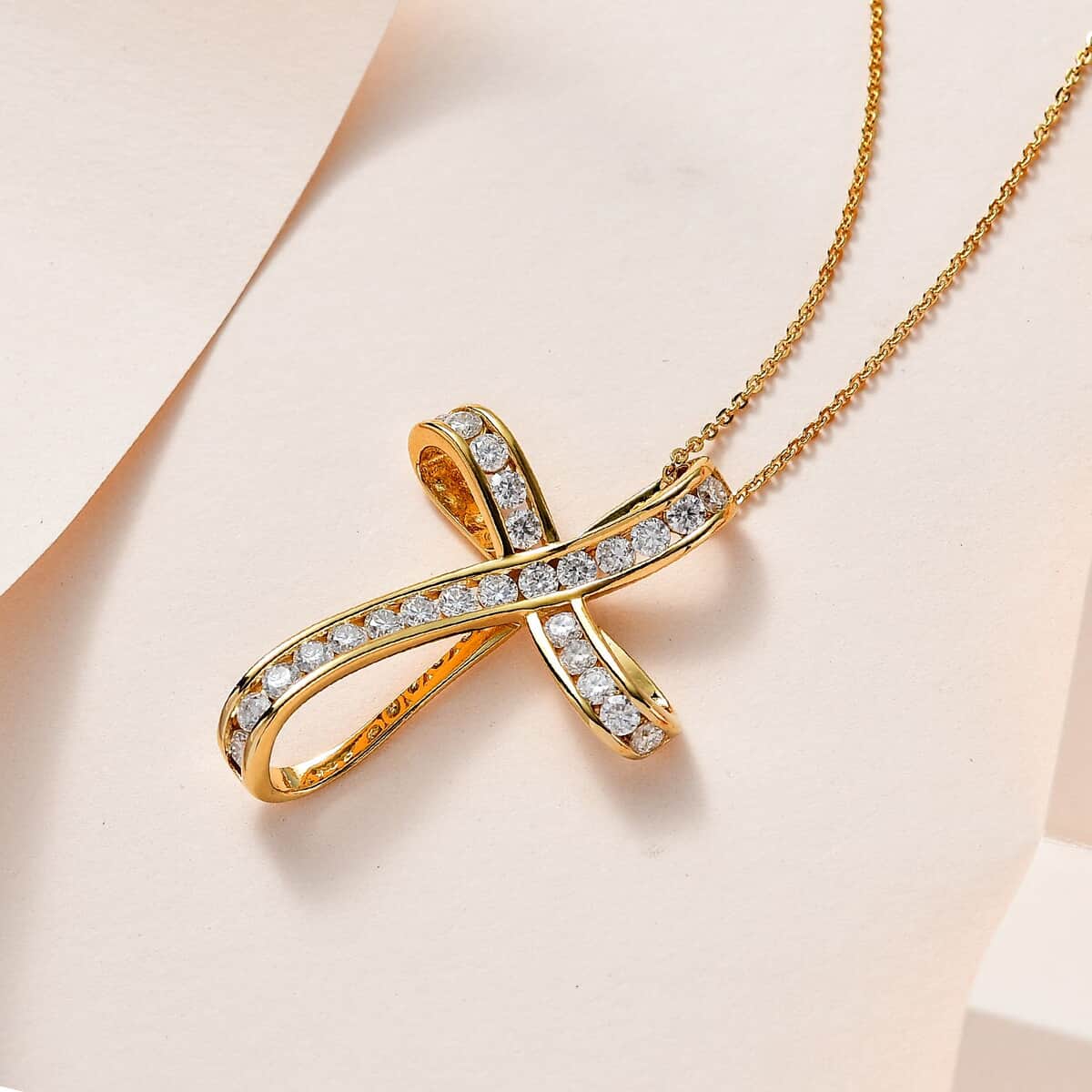 Moissanite Cross Pendant Necklace in Vermeil Yellow Gold Over Sterling Silver , Moissanite Pendant , Twisted Cross Pendant, Sterling Silver Necklace 18 Inches 1.50 ctw image number 1