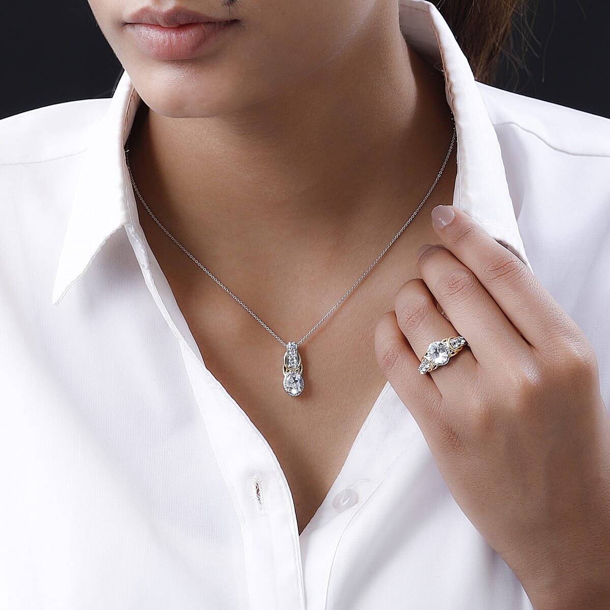 Brazilian Goshenite Ring (Size 9) and Pendant Necklace 20 Inches in Vermeil YG and Platinum Over Sterling Silver 3.00 ctw image number 2