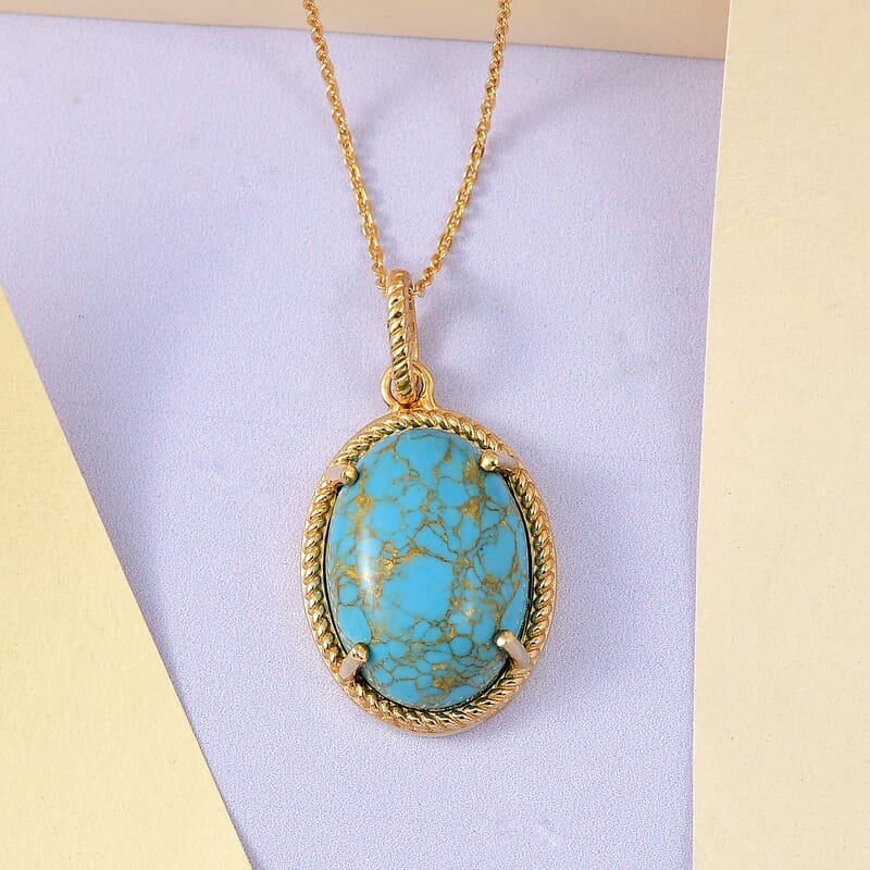 Mojave Blue Turquoise Oval Shape Pendant Necklace 20 Inches in Vermeil Yellow Gold Over Sterling Silver 9.40 ctw