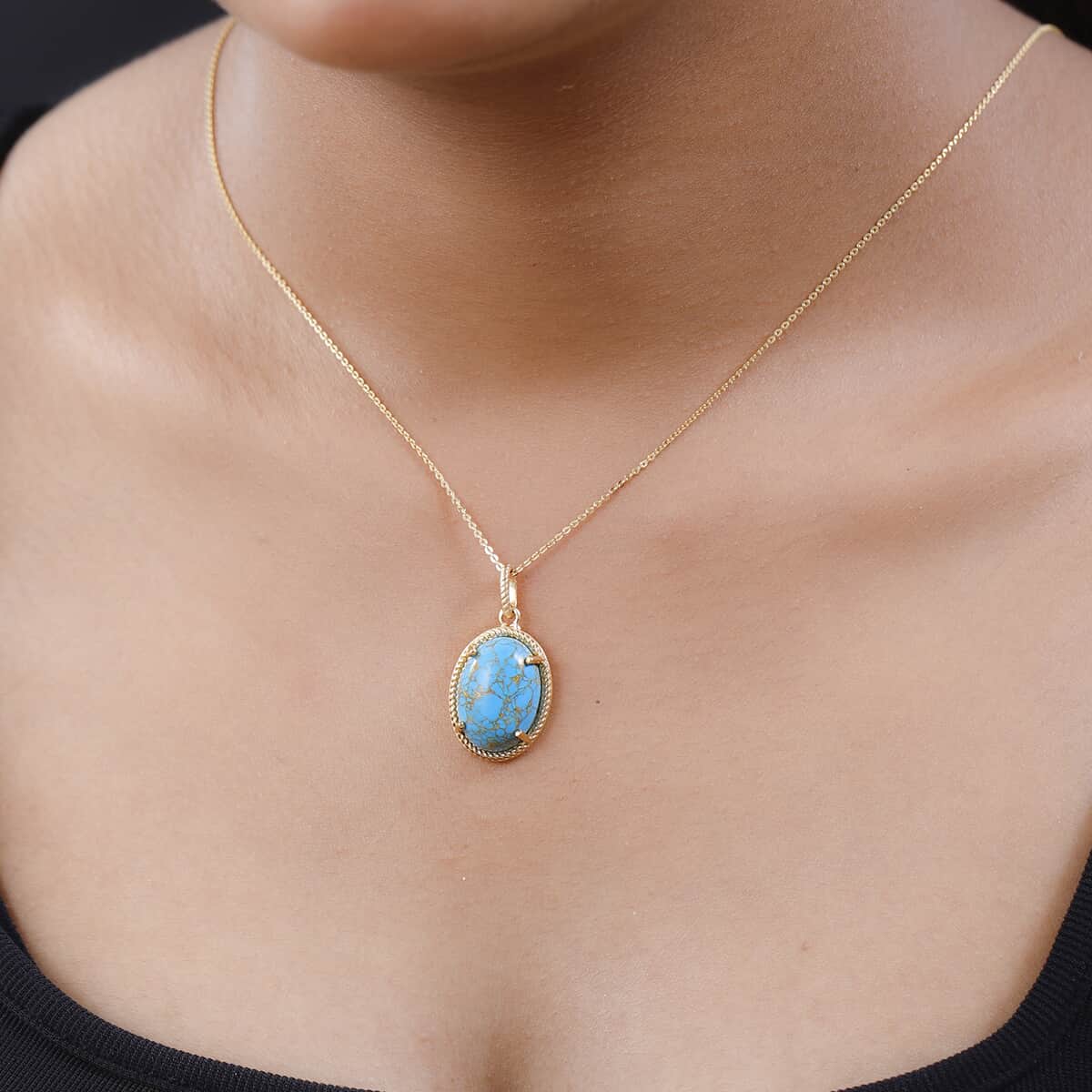 Mojave Blue Turquoise Oval Shape Pendant Necklace 20 Inches in Vermeil Yellow Gold Over Sterling Silver 9.40 ctw image number 2