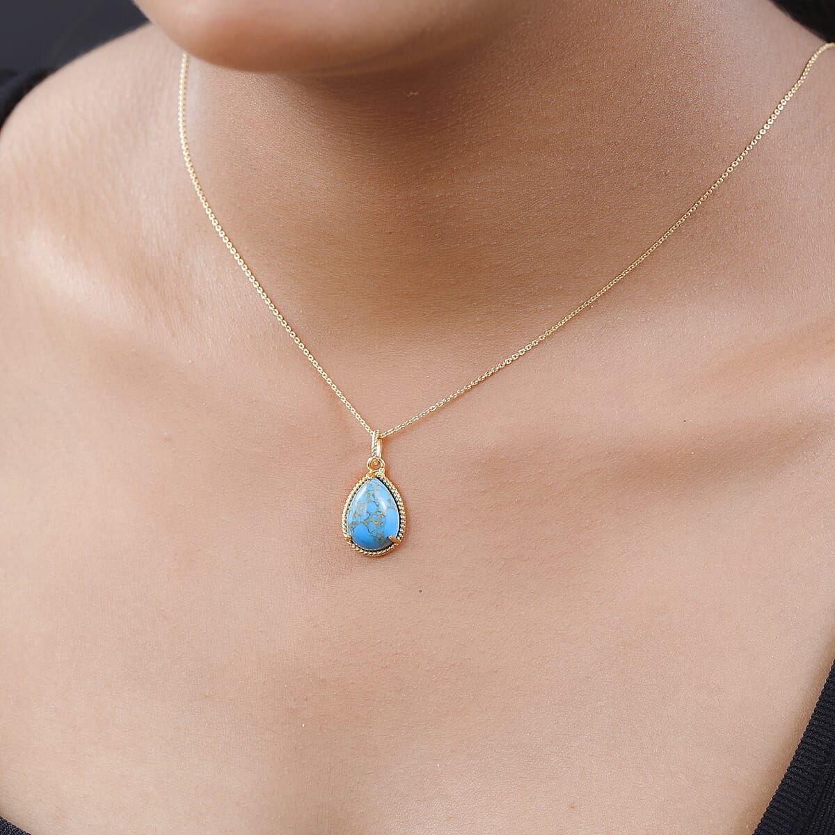Mojave Blue Turquoise Pear Shape Pendant Necklace 20 Inches in Vermeil Yellow Gold Over Sterling Silver 4.85 ctw image number 2