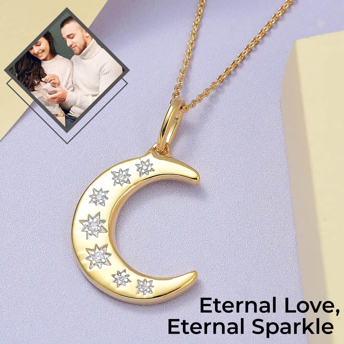 Moissanite Moon Pendant Necklace 20 Inches in Vermeil Yellow Gold Over Sterling Silver 0.06 ctw image number 1