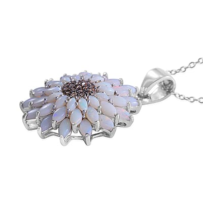 Australian Opal and Brown Zircon Floral Pendant Necklace 18 Inches in Platinum Over Sterling Silver 3.40 ctw