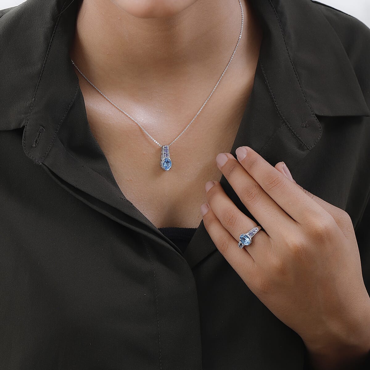 Marambaia Topaz and Tanzanite Ring (Size 10.0) and Pendant Necklace 20 Inches in Platinum Over Sterling Silver 3.50 ctw image number 2