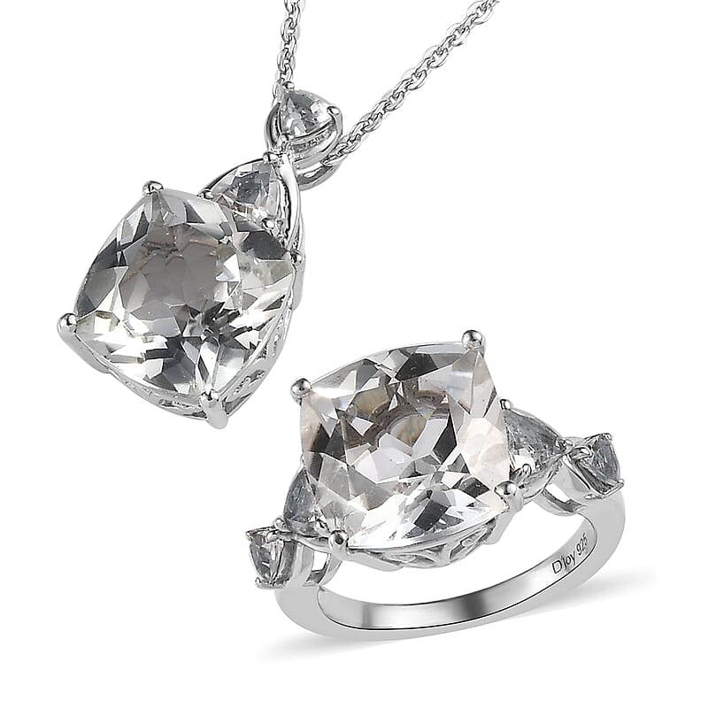 White Topaz Ring (Size 5.0) and Pendant Necklace 20 Inches in Platinum Over Sterling Silver 15.25 ctw
