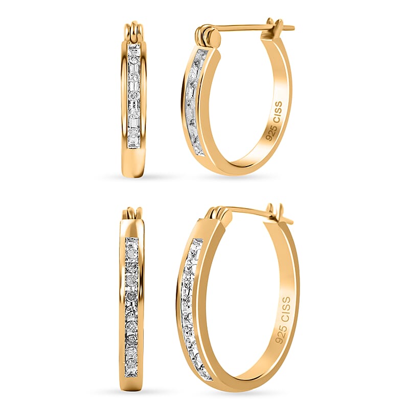 Set of 2 Diamond Earrings, Diamond Hoop Earrings, 14K YG Over Sterling Silver Hoop Earrings, Silver Hoops, Diamond Hoops 0.25 ctw