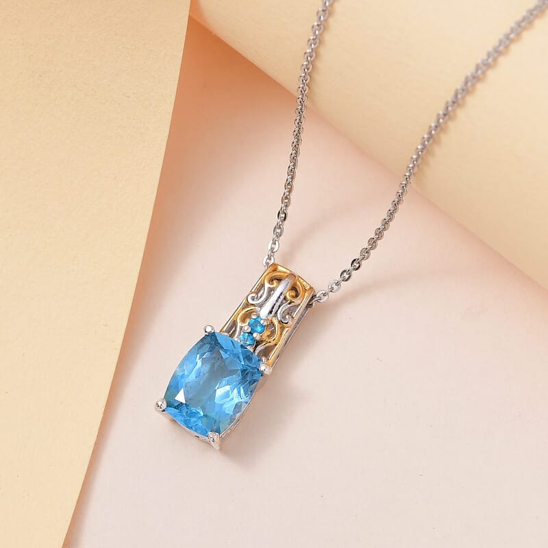 Marambaia Topaz and Malgache Neon Apatite Pendant Necklace 20 Inches in Vermeil Yellow Gold and Platinum Over Sterling Silver 2.35 ctw