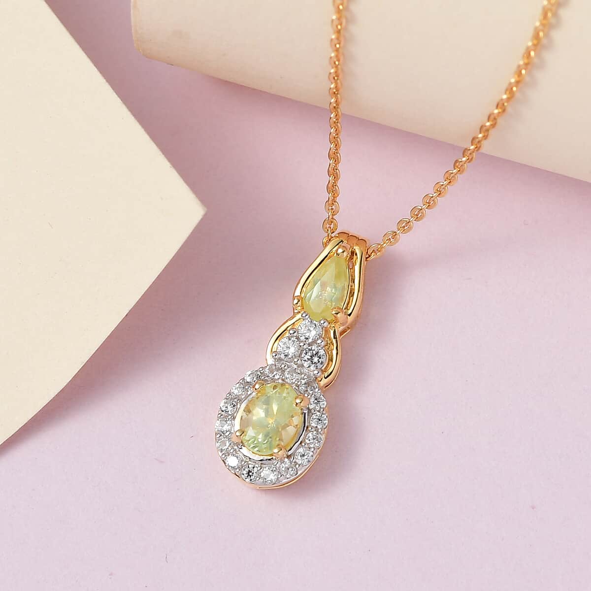 Premium Natural Chrysoberyl and White Zircon Pendant Necklace 20 Inches in Vermeil Yellow Gold Over Sterling Silver 1.10 ctw image number 1