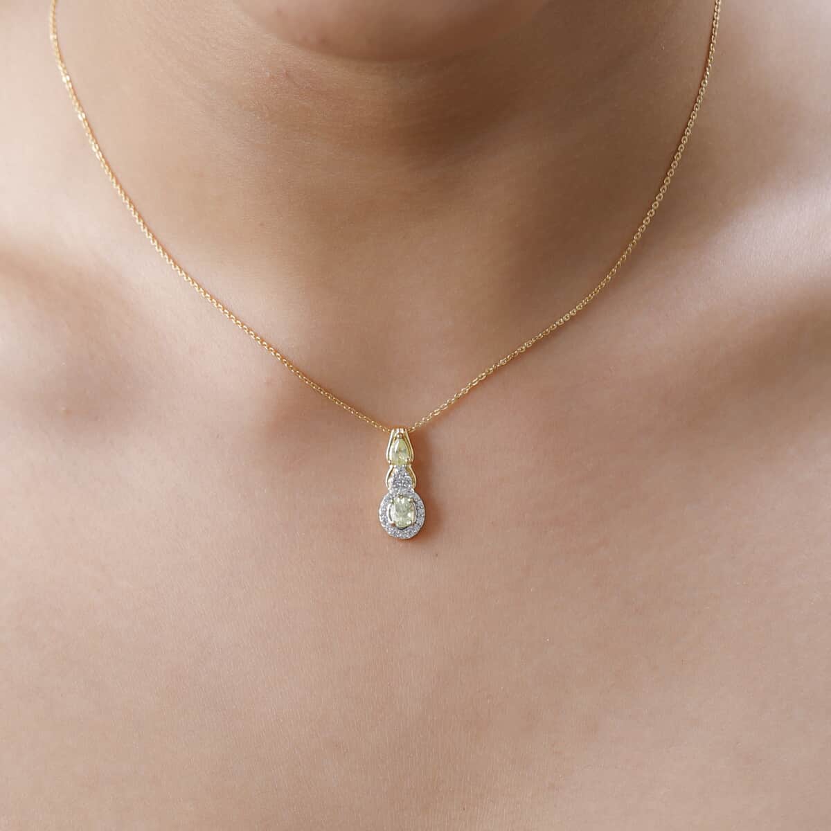 Premium Natural Chrysoberyl and White Zircon Pendant Necklace 20 Inches in Vermeil Yellow Gold Over Sterling Silver 1.10 ctw image number 2