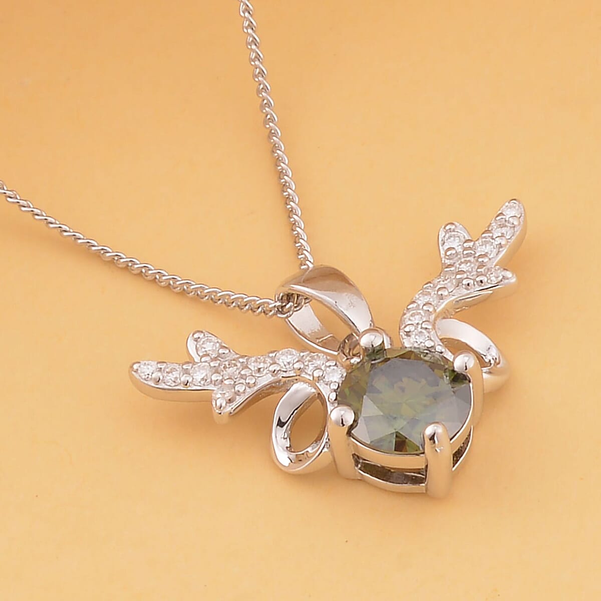 Green and White Moissanite Deer Antler Pendant Necklace 18 Inches in Rhodium Over Sterling Silver 1.15 ctw image number 1