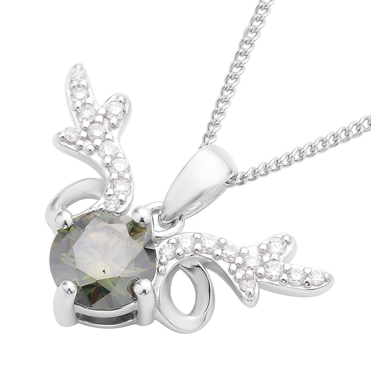 Green and White Moissanite Deer Antler Pendant Necklace 18 Inches in Rhodium Over Sterling Silver 1.15 ctw image number 3