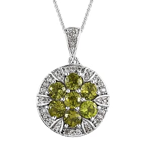 Arizona Peridot and White Zircon Floral Pendant Necklace 20 Inches in Platinum Over Sterling Silver 2.65 ctw