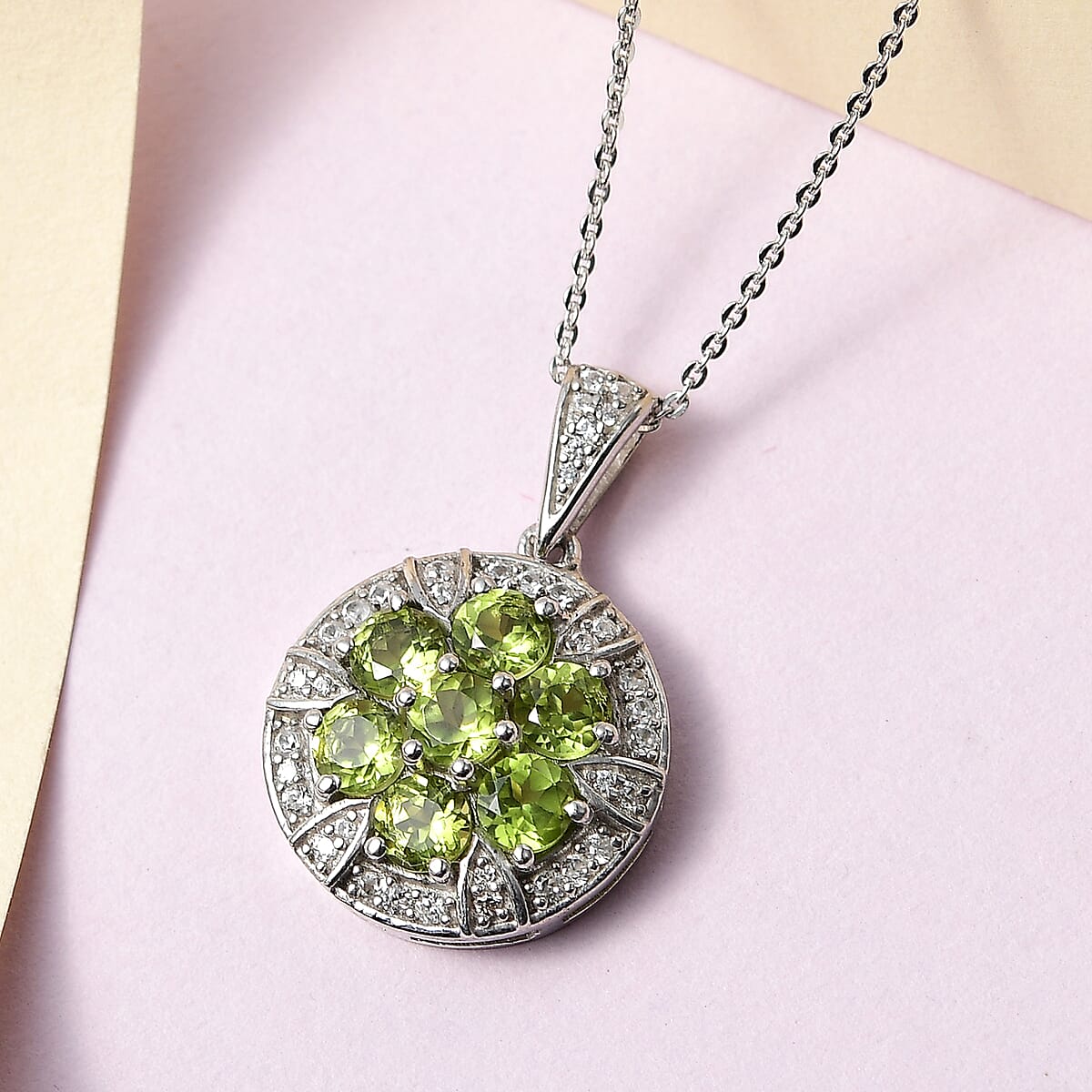 Arizona Peridot and White Zircon Floral Pendant Necklace 20 Inches in Platinum Over Sterling Silver 2.65 ctw image number 1