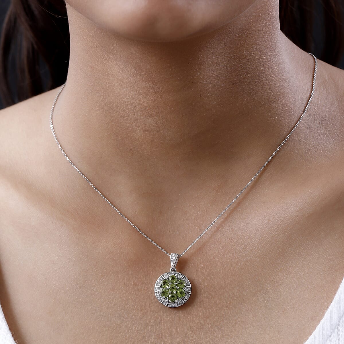 Arizona Peridot and White Zircon Floral Pendant Necklace 20 Inches in Platinum Over Sterling Silver 2.65 ctw image number 2