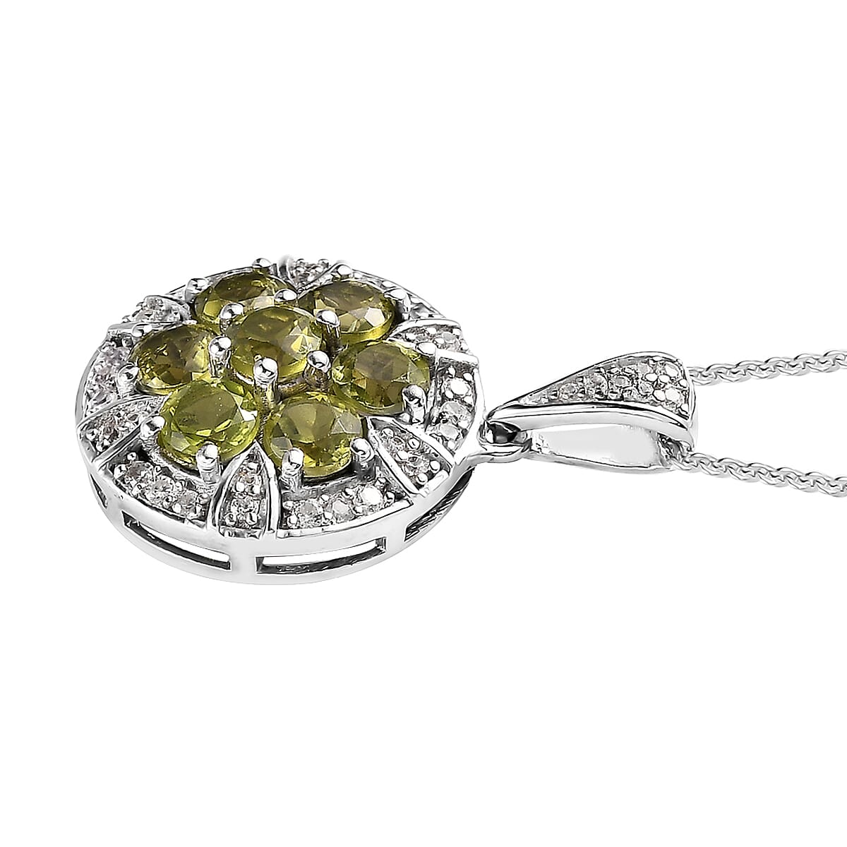 Arizona Peridot and White Zircon Floral Pendant Necklace 20 Inches in Platinum Over Sterling Silver 2.65 ctw image number 3