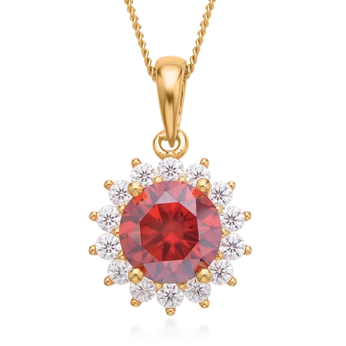 Red Luxury Red Moissanite Sunburst Pendant Necklace 18 Inches in Vermeil Yellow Gold Over Sterling Silver 2.25 ctw image number 0
