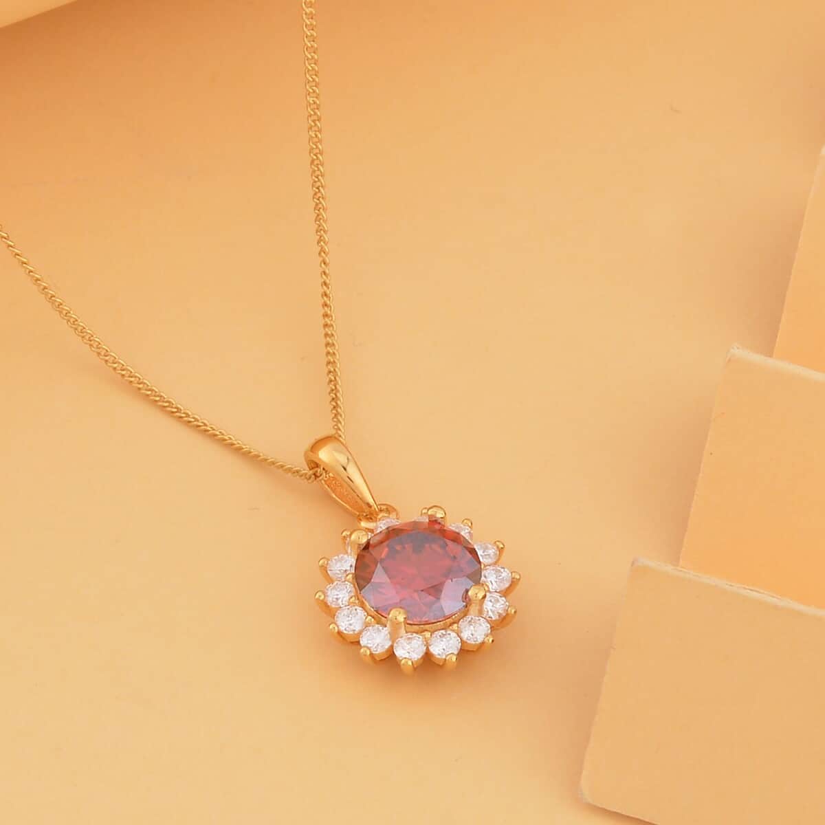 Red Luxury Red Moissanite Sunburst Pendant Necklace 18 Inches in Vermeil Yellow Gold Over Sterling Silver 2.25 ctw image number 1