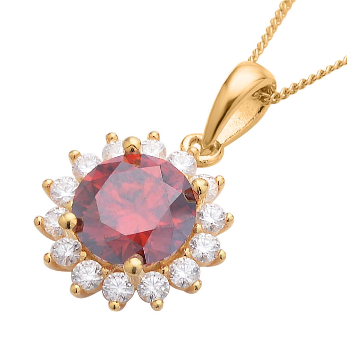 Red Luxury Red Moissanite Sunburst Pendant Necklace 18 Inches in Vermeil Yellow Gold Over Sterling Silver 2.25 ctw image number 3