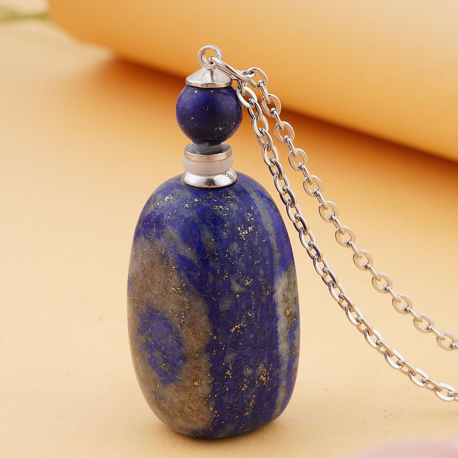 Lapis Lazuli 90.00 ctw Perfume Bottle Pendant Necklace 24 Inches in Silvertone