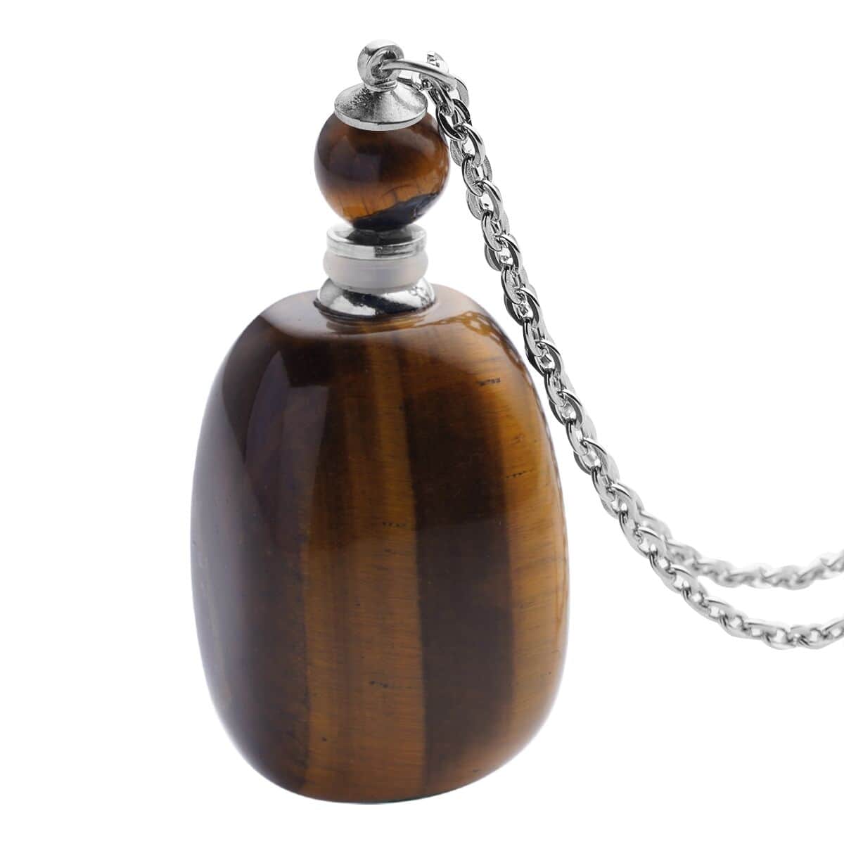 Tiger's Eye 90.00 ctw Perfume Bottle Pendant Necklace 24 Inches in Silvertone image number 3