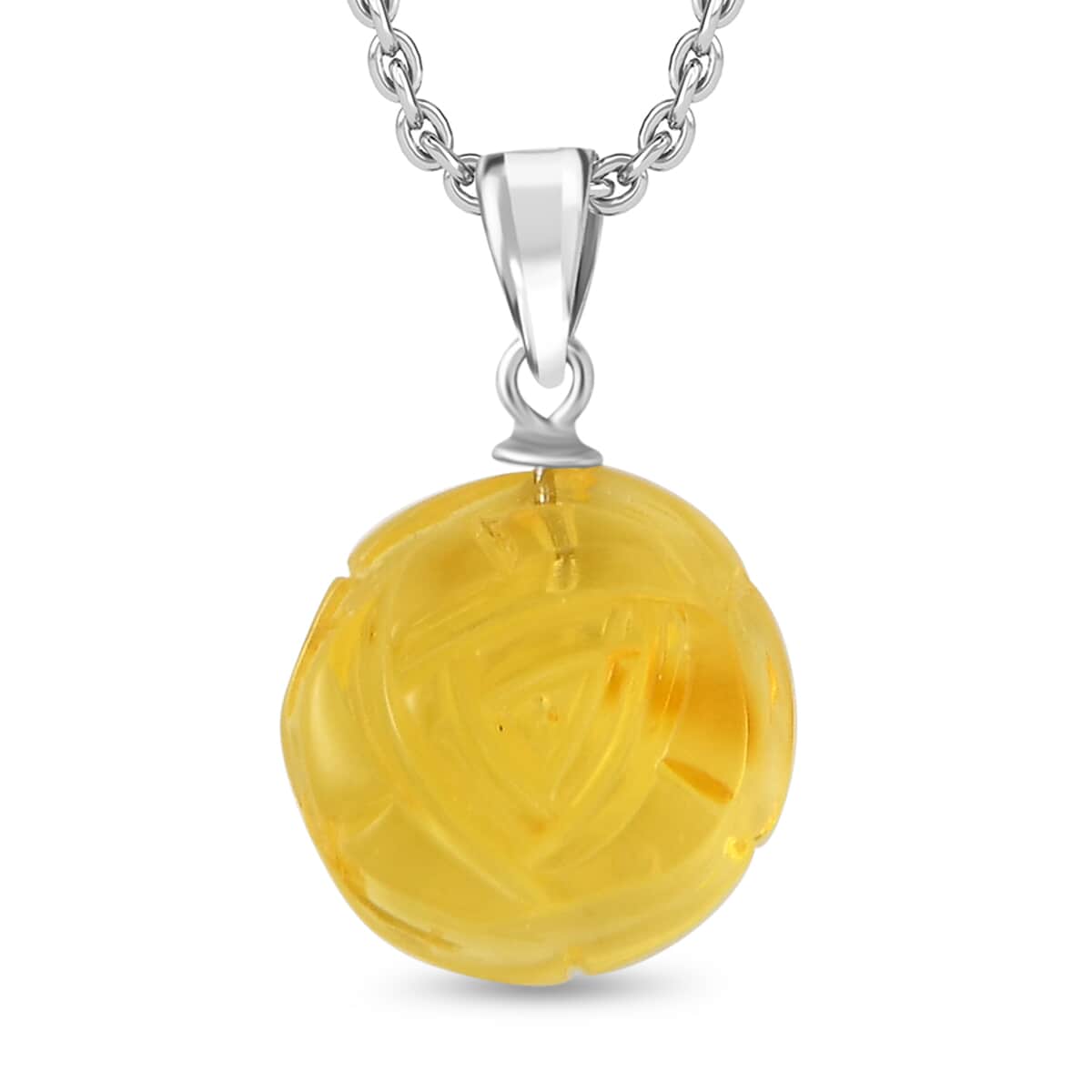 Baltic Amber Carved Flower Pendant in Sterling Silver with Stainless Steel Necklace 20 Inches image number 0