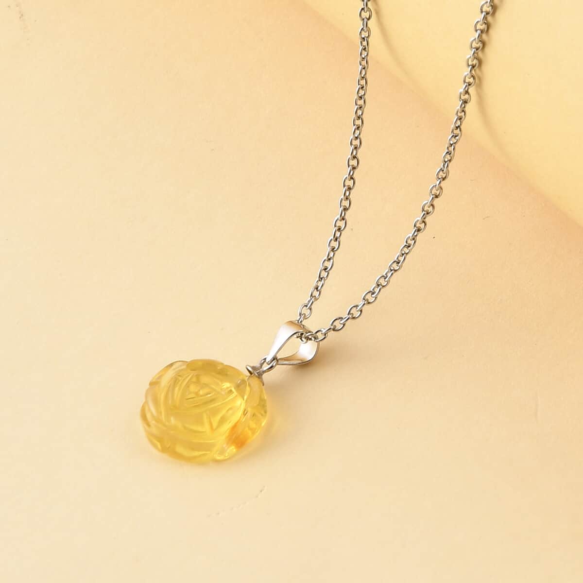 Baltic Amber Carved Flower Pendant in Sterling Silver with Stainless Steel Necklace 20 Inches image number 1