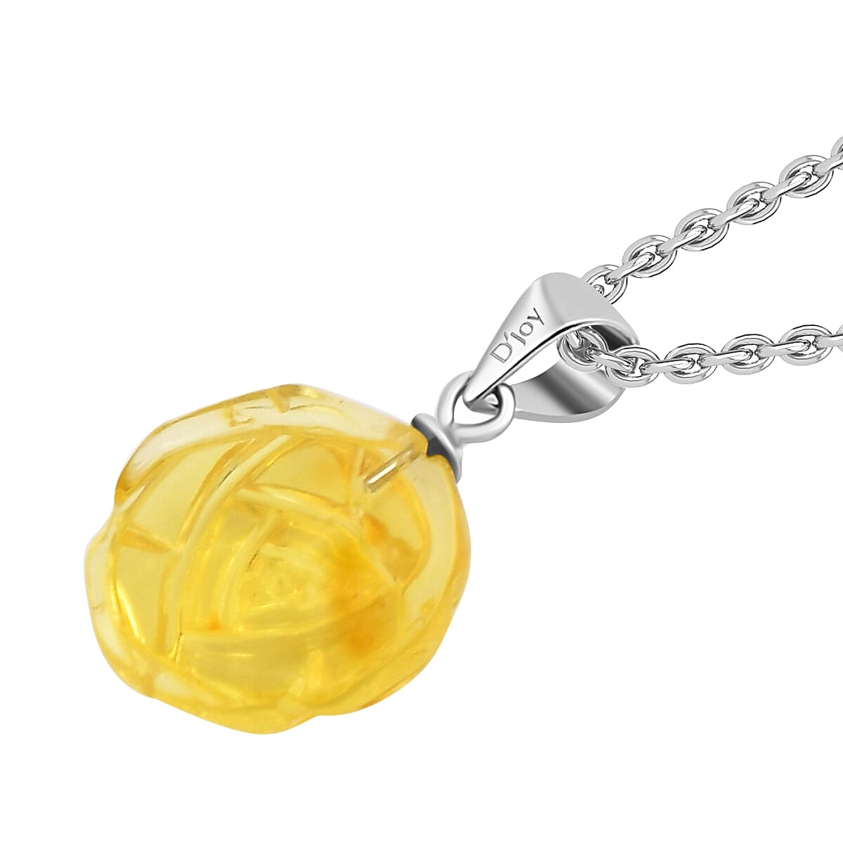 Baltic Amber Carved Flower Pendant in Sterling Silver with Stainless Steel Necklace 20 Inches