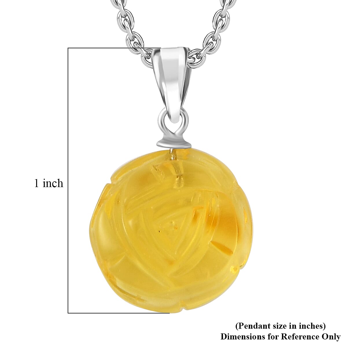 Baltic Amber Carved Flower Pendant in Sterling Silver with Stainless Steel Necklace 20 Inches