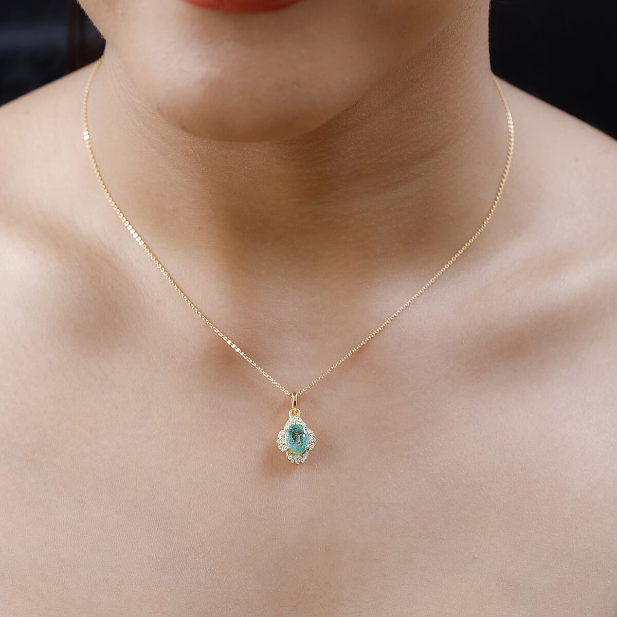 Ethiopian Emerald and Moissanite Pendant Necklace 20 Inches in Vermeil Yellow Gold Over Sterling Silver 1.25 ctw image number 2