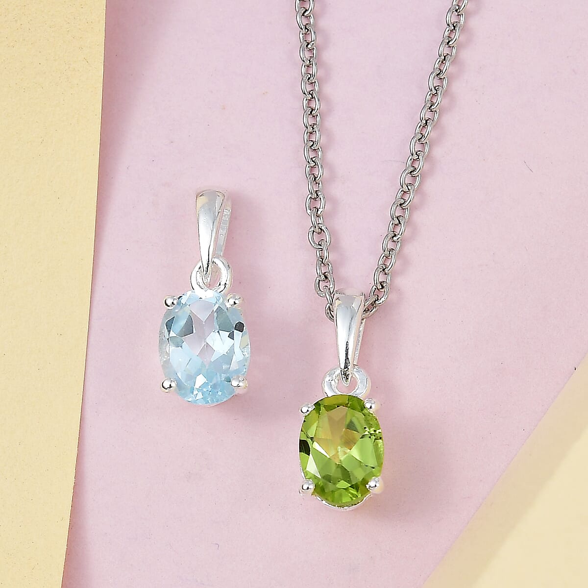 Peridot, Sky Blue Topaz Set of 2 Pendant with Necklace (20 Inches) in Sterling Silver and Stainless Steel 2.65 ctw image number 1