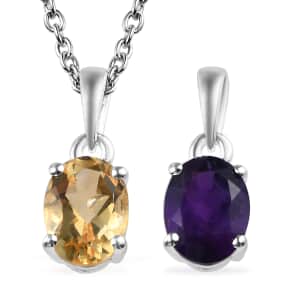 Amethyst and Brazilian Citrine Set of 2 Pendant in Sterling Silver with Stainless Steel Necklace 20 Inches 2.25 ctw