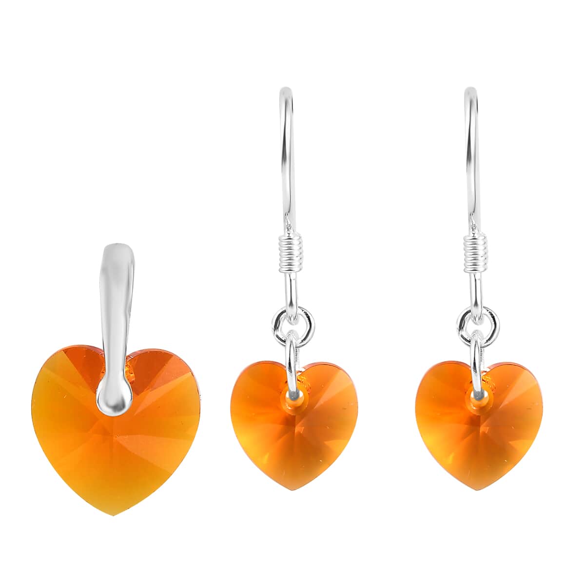 Tangerine Crystal Heart Pendant and Lever Back Earrings in Sterling Silver image number 0