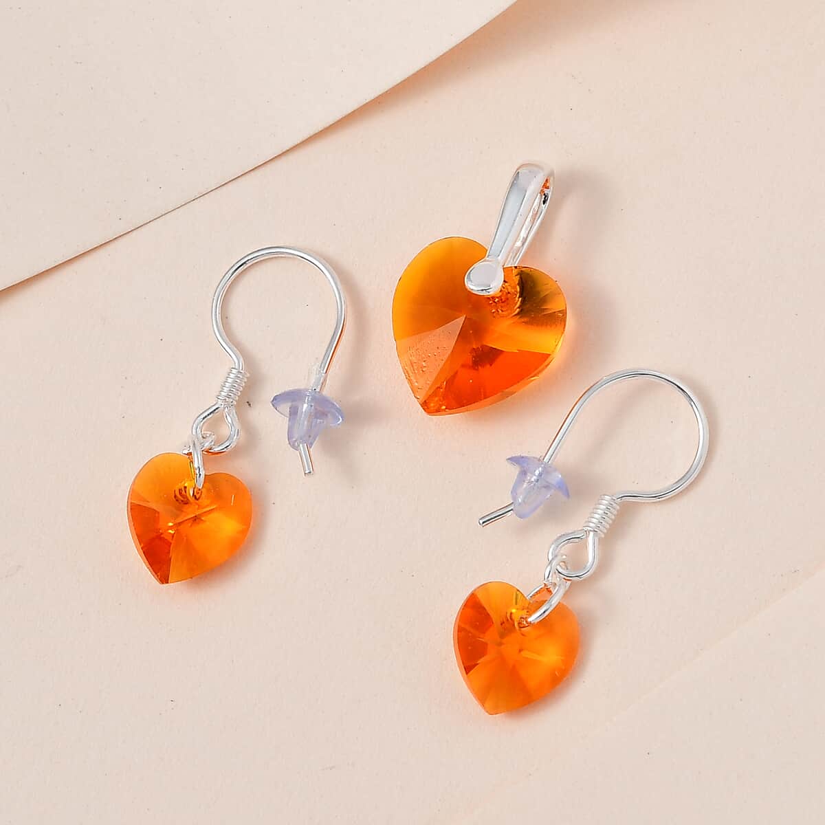 Tangerine Crystal Heart Pendant and Lever Back Earrings in Sterling Silver image number 1