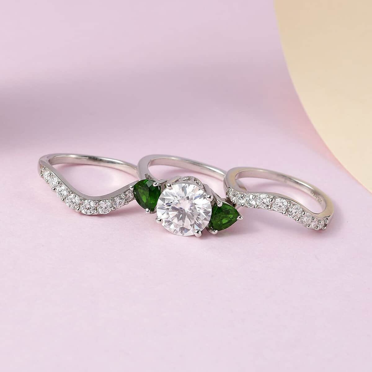 Moissanite and Chrome Diopside Set of 3 Stackable Ring in Platinum Over Sterling Silver (Size 10) 4.40 ctw image number 1