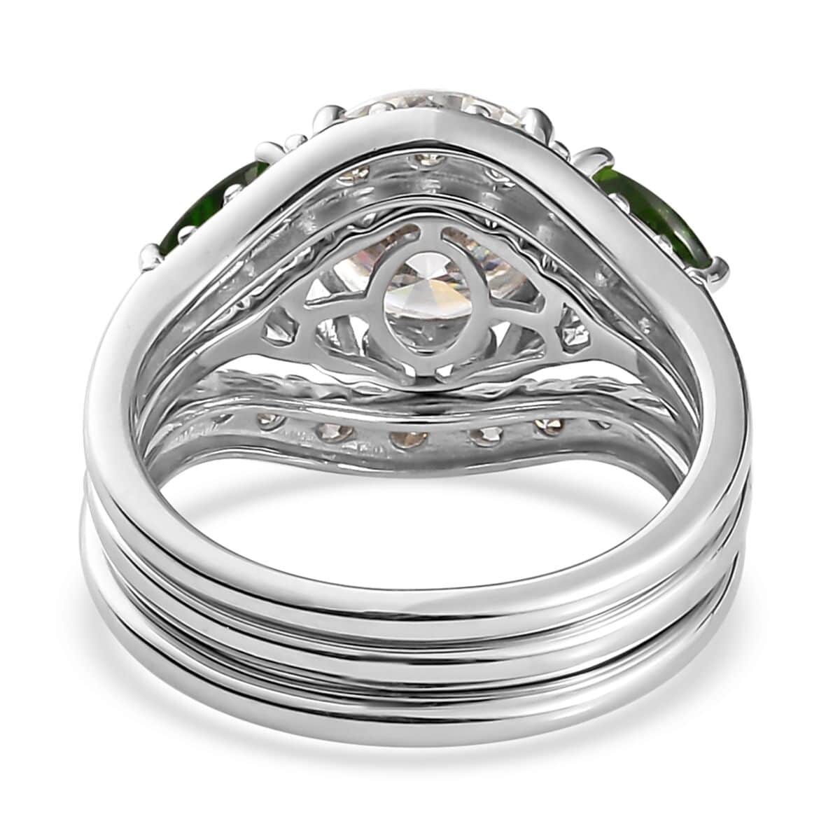 Moissanite and Chrome Diopside Set of 3 Stackable Ring in Platinum Over Sterling Silver (Size 10) 4.40 ctw image number 5