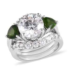 Moissanite and Chrome Diopside Set of 3 Stackable Ring in Platinum Over Sterling Silver (Size 6.0) 4.40 ctw