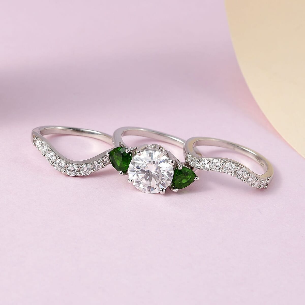 Moissanite and Chrome Diopside Set of 3 Stackable Ring in Platinum Over Sterling Silver (Size 6.0) 4.40 ctw image number 1