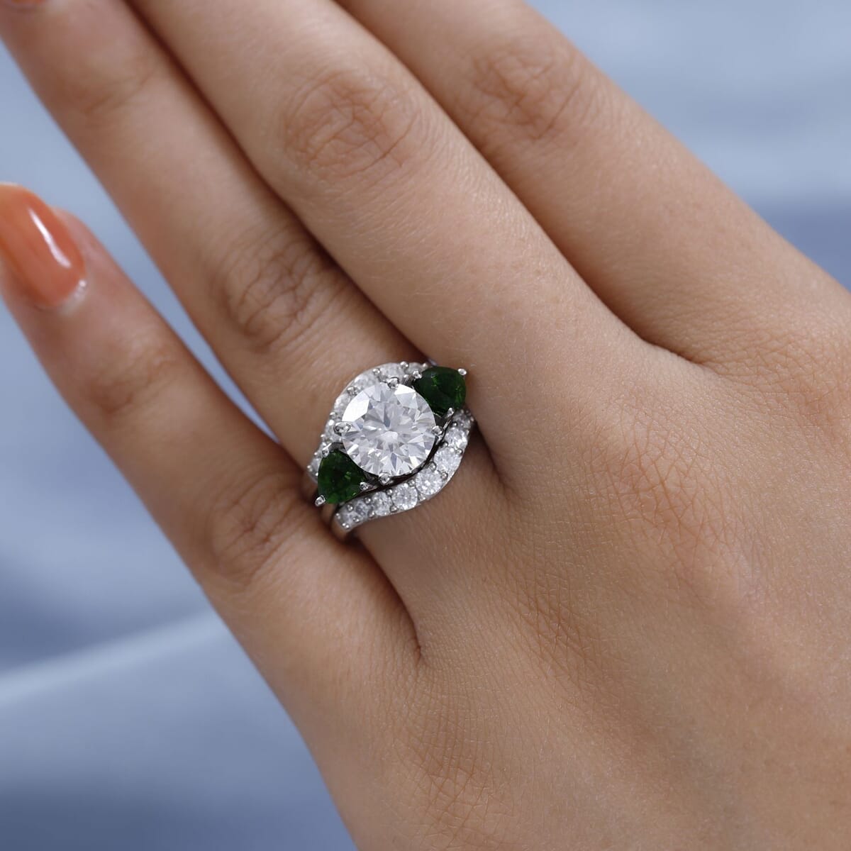 Moissanite and Chrome Diopside Set of 3 Stackable Ring in Platinum Over Sterling Silver (Size 6.0) 4.40 ctw image number 2