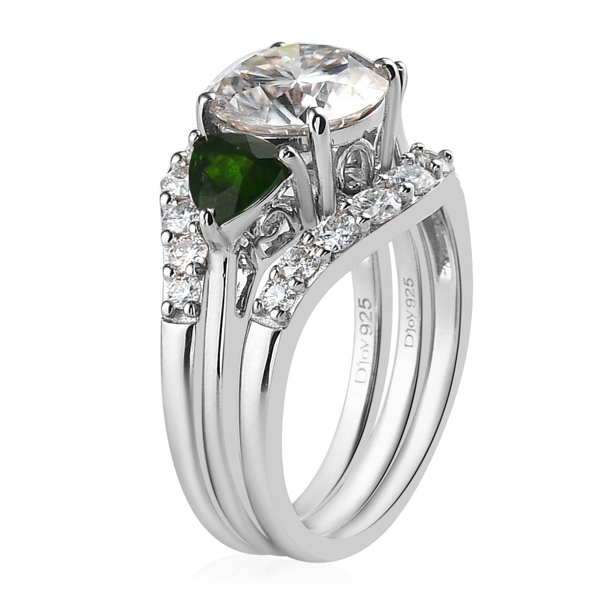 Moissanite and Chrome Diopside Set of 3 Stackable Ring in Platinum Over Sterling Silver (Size 6.0) 4.40 ctw image number 4