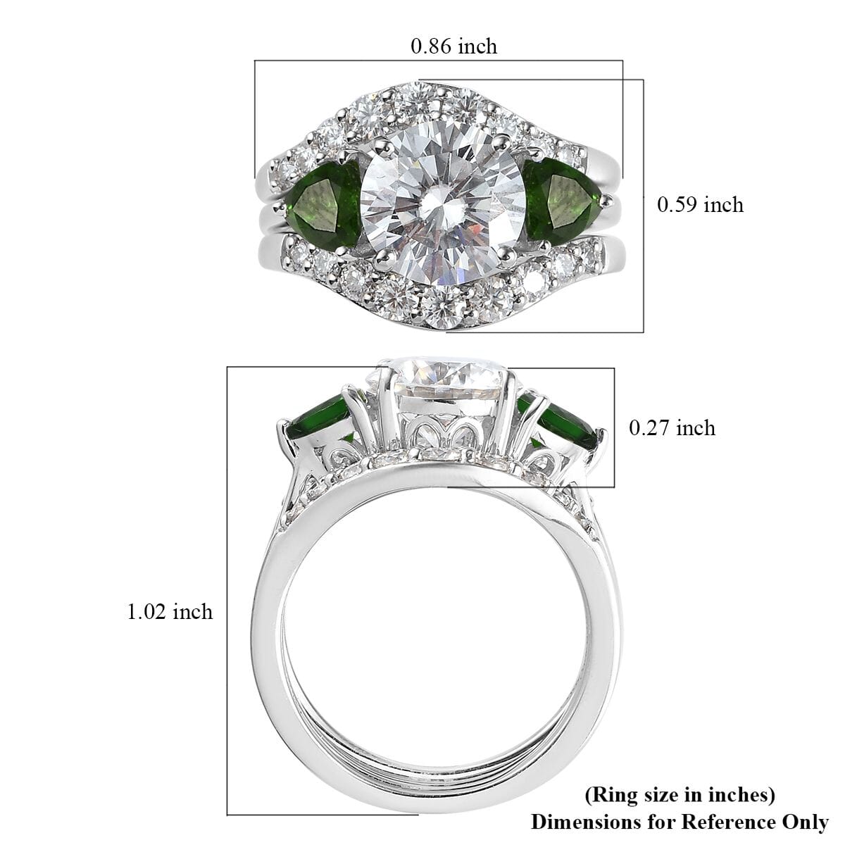 Moissanite and Chrome Diopside Set of 3 Stackable Ring in Platinum Over Sterling Silver (Size 6.0) 4.40 ctw image number 6