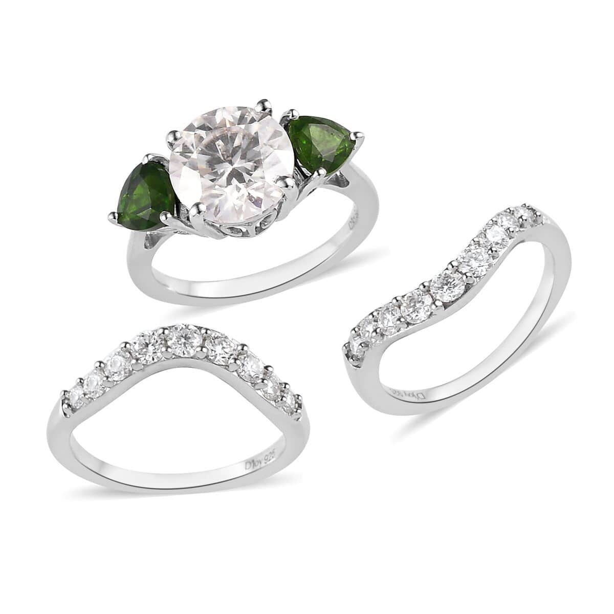 Moissanite and Chrome Diopside Set of 3 Stackable Ring in Platinum Over Sterling Silver (Size 7) 4.40 ctw image number 3